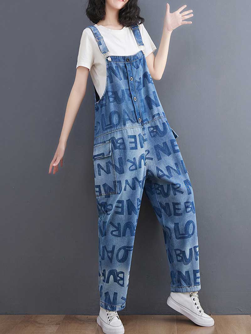 Alphabets Letter Print Denim High Waist Overalls Dungaree - Image 3