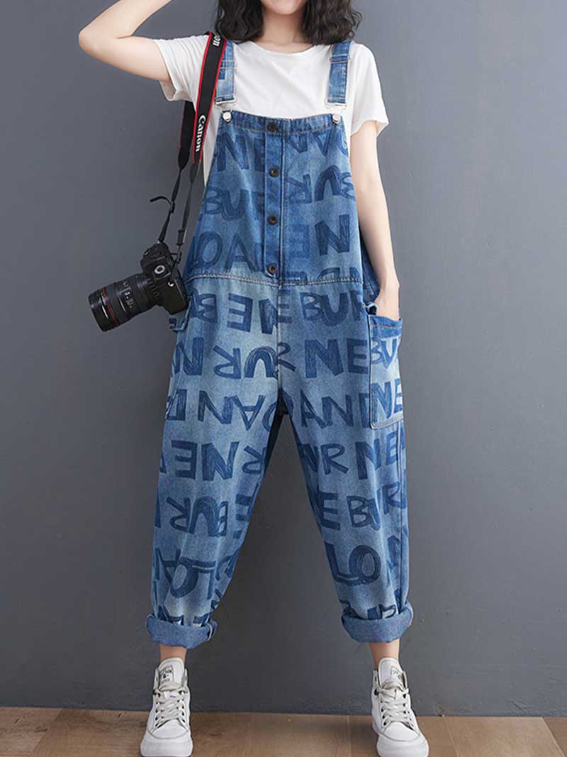 Alphabets Letter Print Denim High Waist Overalls Dungaree - Image 4