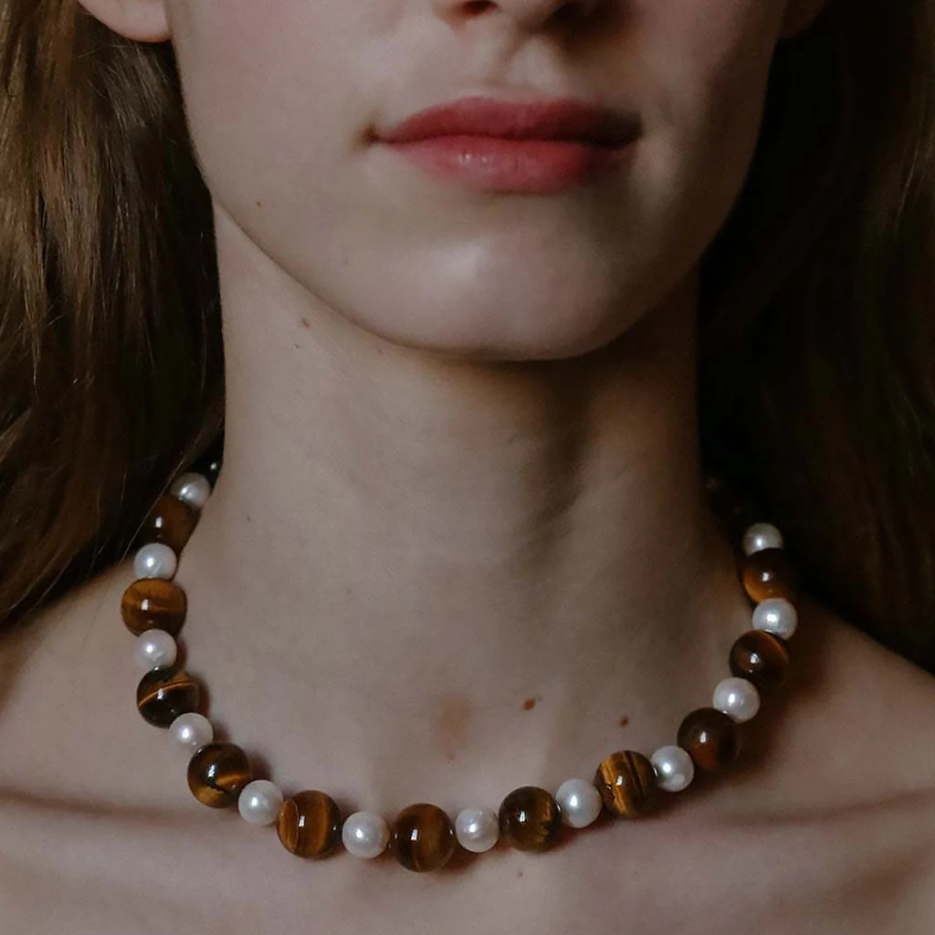 Alternating Tigers Eye & Freshwater Pearl Round Bead Choker NeckLace - Image 2