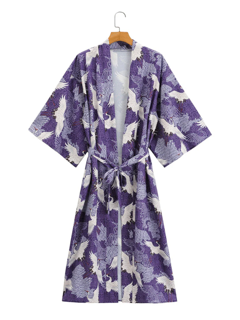 Crane Print With Birds Different Color Polyester Long Length Gown Kimono Duster Robe - Image 2