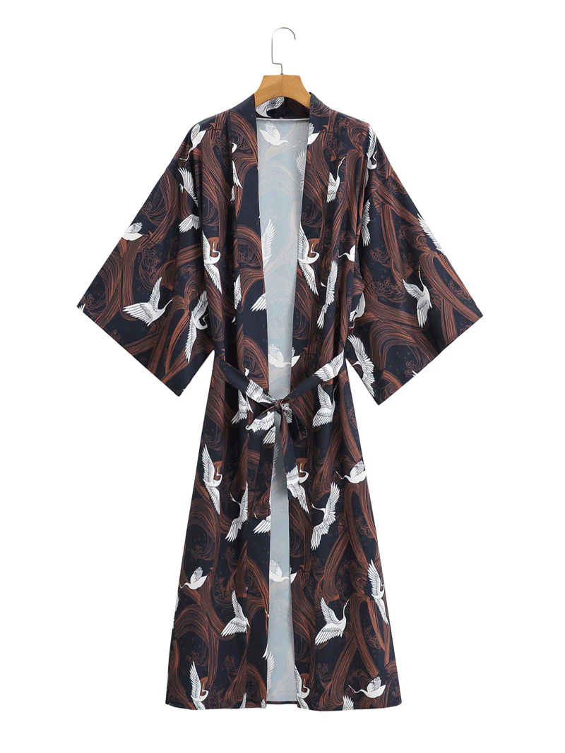 Crane Print With Birds Different Color Polyester Long Length Gown Kimono Duster Robe - Image 3