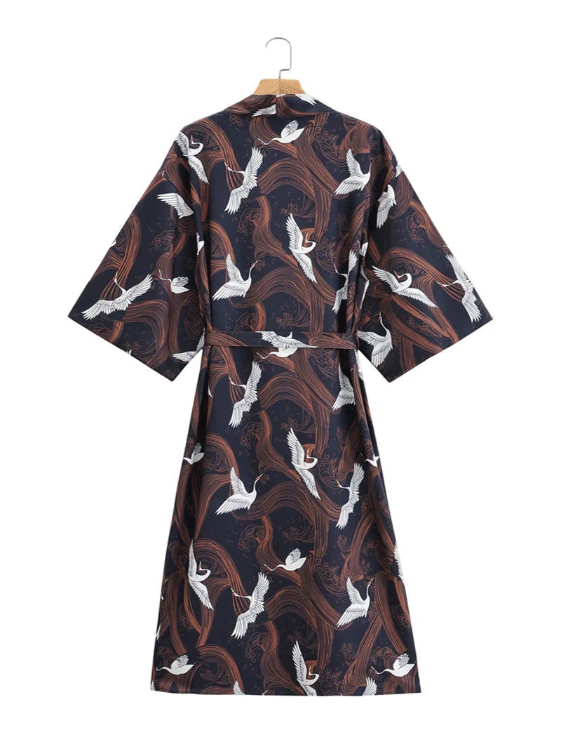 Crane Print With Birds Different Color Polyester Long Length Gown Kimono Duster Robe - Image 4