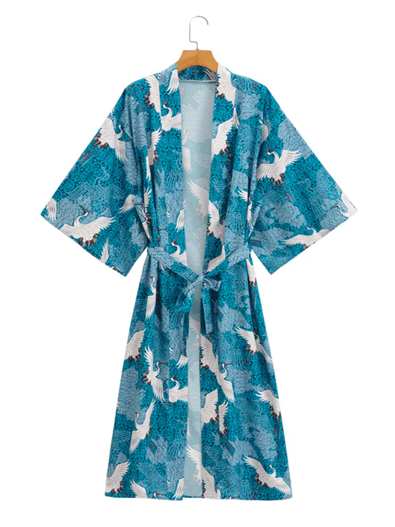 Crane Print With Birds Different Color Polyester Long Length Gown Kimono Duster Robe - Image 5
