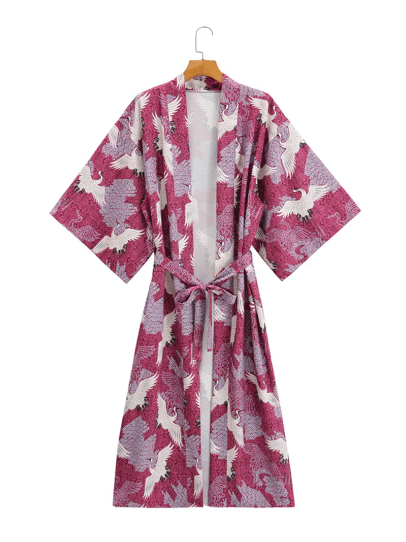 Crane Print With Birds Different Color Polyester Long Length Gown Kimono Duster Robe - Image 6
