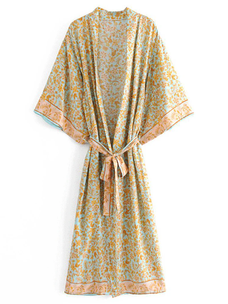 Partywear & Beachwear Floral Print Yellow Color Cotton Long Length Gown Kimono Duster Robe - Image 2