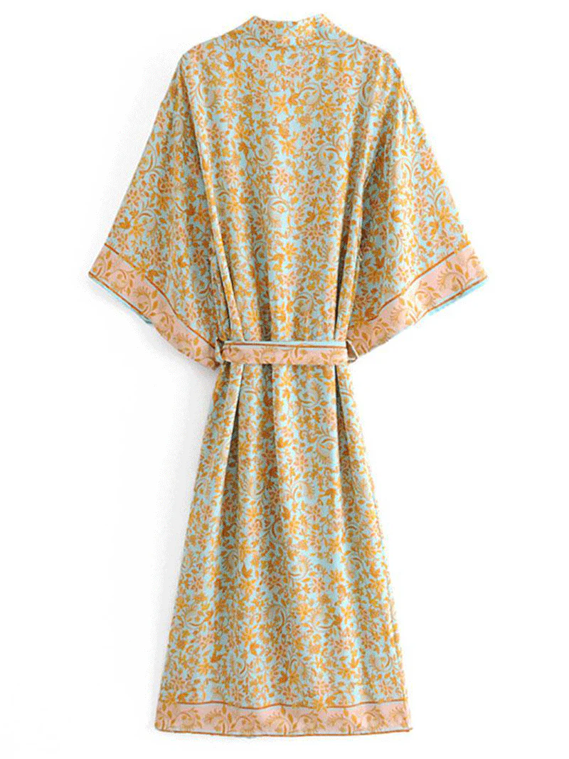 Partywear & Beachwear Floral Print Yellow Color Cotton Long Length Gown Kimono Duster Robe - Image 3