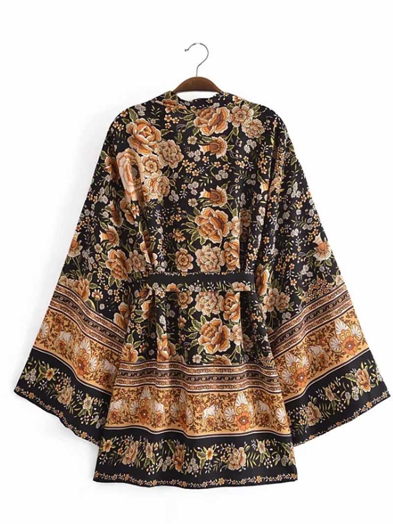 Short Length Floral Print Black Color Cotton Gown Kimono Duster Robe - Image 2