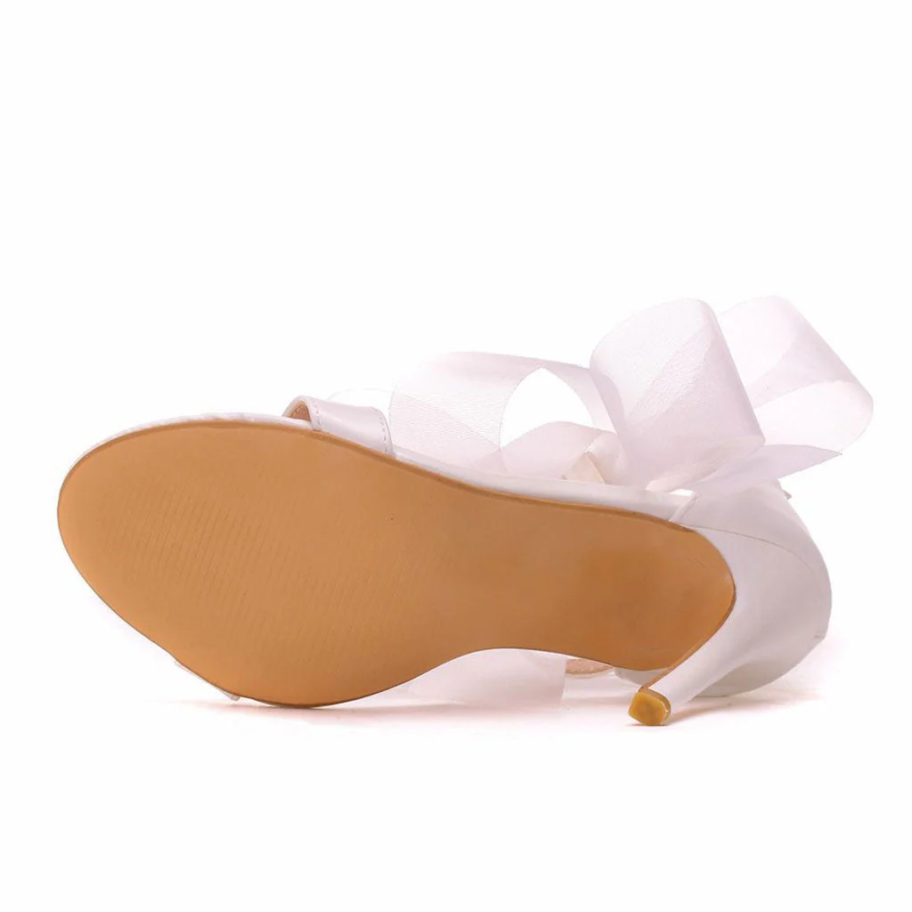 Amazing Bowknot Trim Ankle Strap High Heel Sandals - White - Image 4