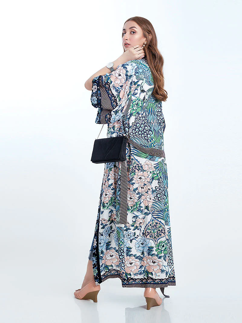 Beachwear Cotton Long Length Floral With Birds Print Blue, White & Green Color Gown Kimono Duster Robe - Image 2