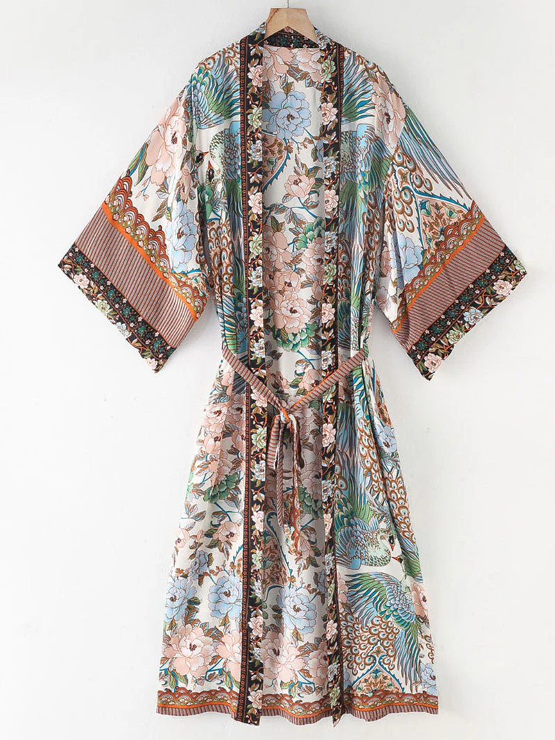 Beachwear Cotton Long Length Floral With Birds Print Blue, White & Green Color Gown Kimono Duster Robe - Image 6