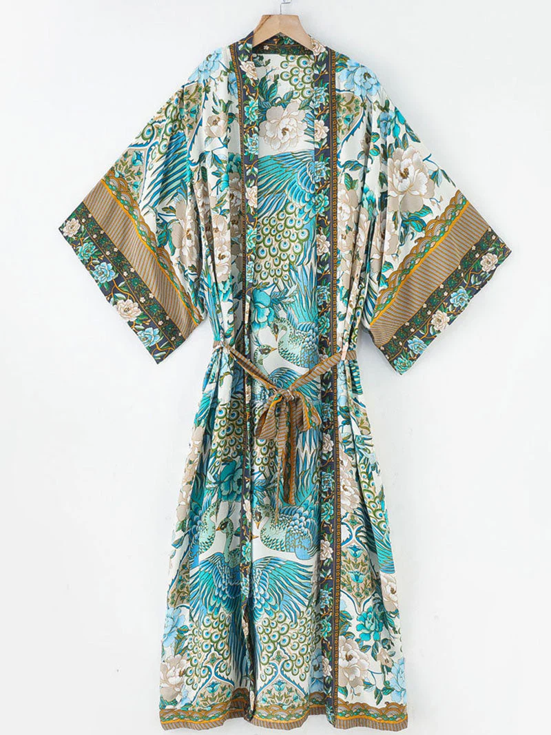 Beachwear Cotton Long Length Floral With Birds Print Blue, White & Green Color Gown Kimono Duster Robe - Image 7