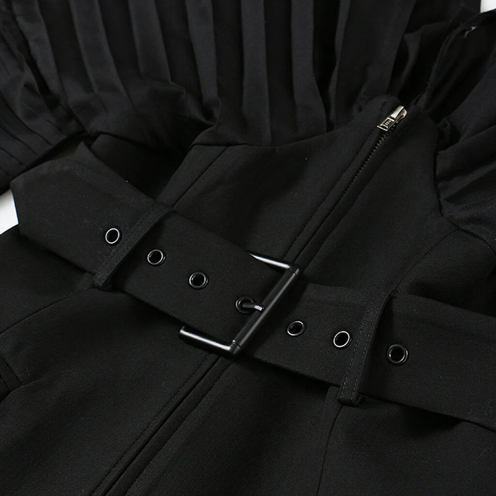 Architectural Pleated Balloon Sleeve V Neck Belted Zip Up Jacket - Image 3