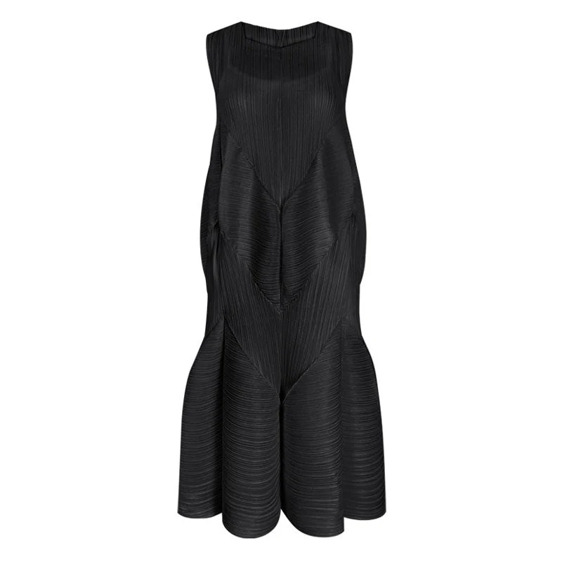 Architectural Pleated Sweetheart Neck A Line Ruffled Hem Sleeveless Midi Dress - Image 2