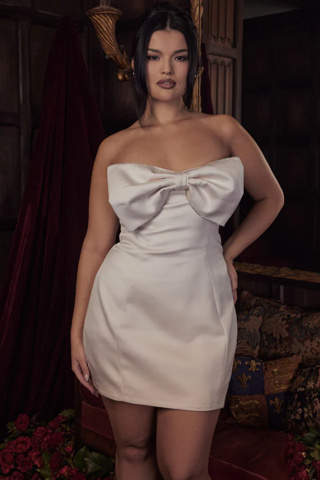 Ariella Ivory Satin Crystal Bow Dress - Image 8