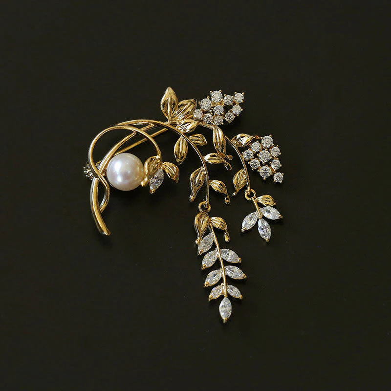 ART NOUVEAU 18K Gold Plated Cubic Zirconia Leaf Freshwater Pearl Brooch - Image 3