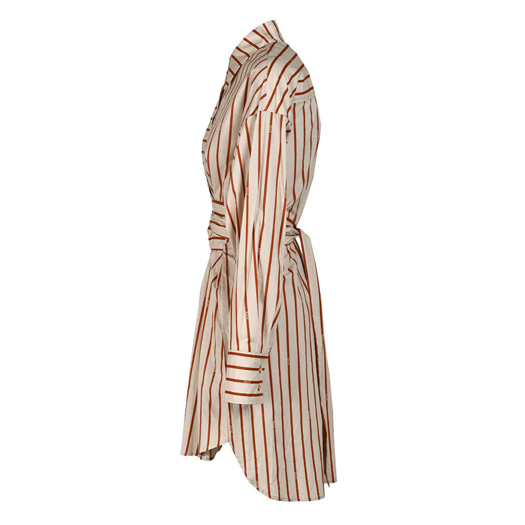 Artful Striped Print Collared Drop Shoulder Button Down Belted High Low Shirt Dress - Image 2