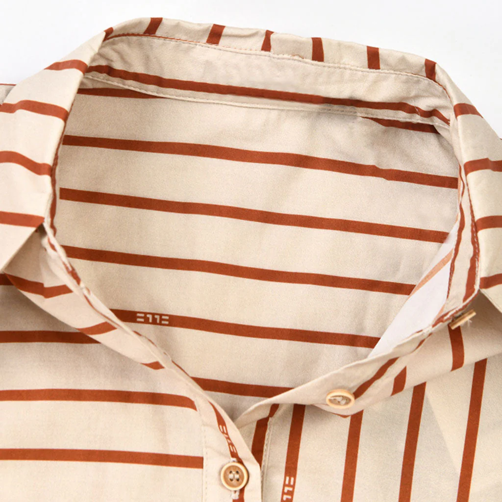 Artful Striped Print Collared Drop Shoulder Button Down Belted High Low Shirt Dress - Image 4