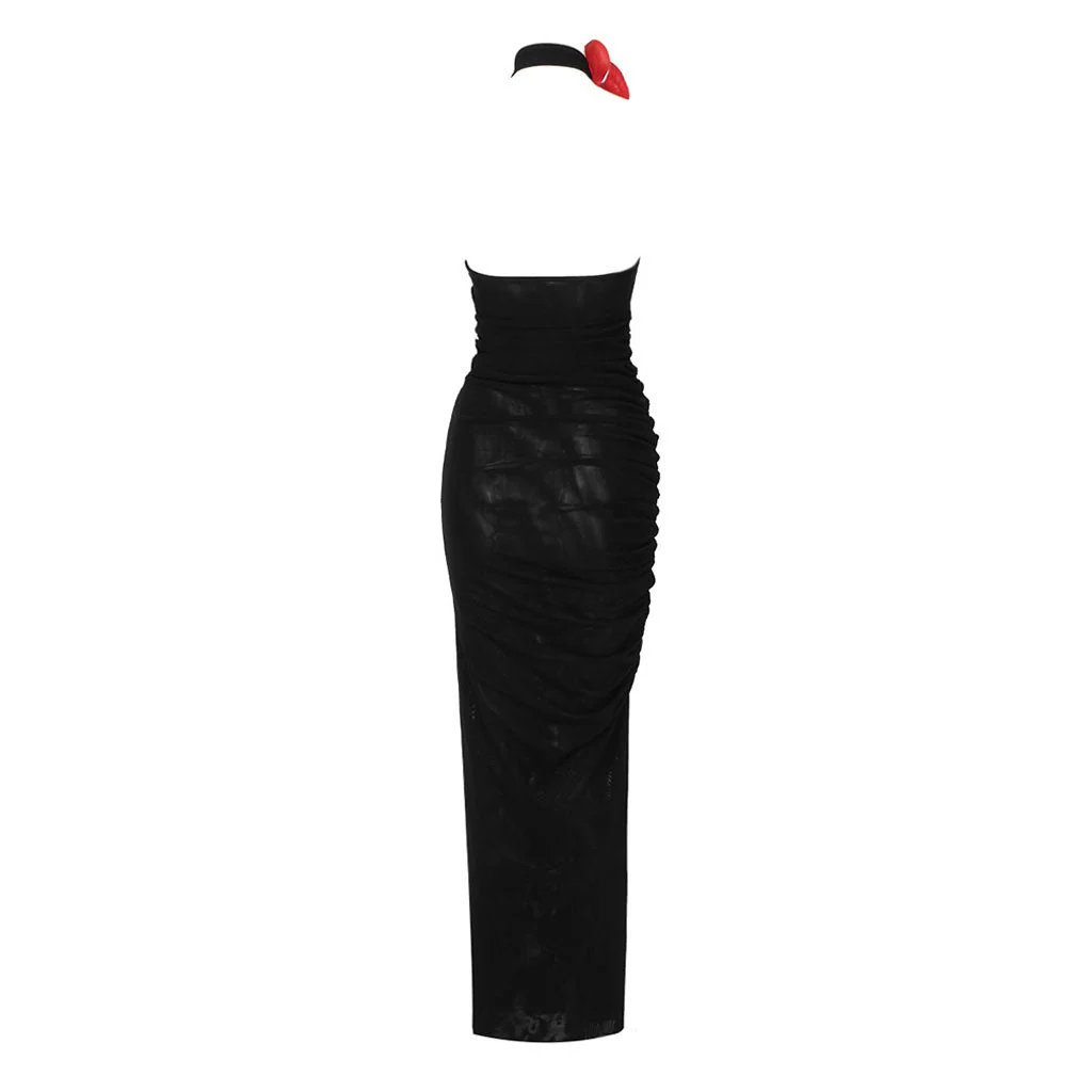 Artist Floral Corsage Halter Neck One Shoulder Ruched Mesh Maxi Dress - Image 3