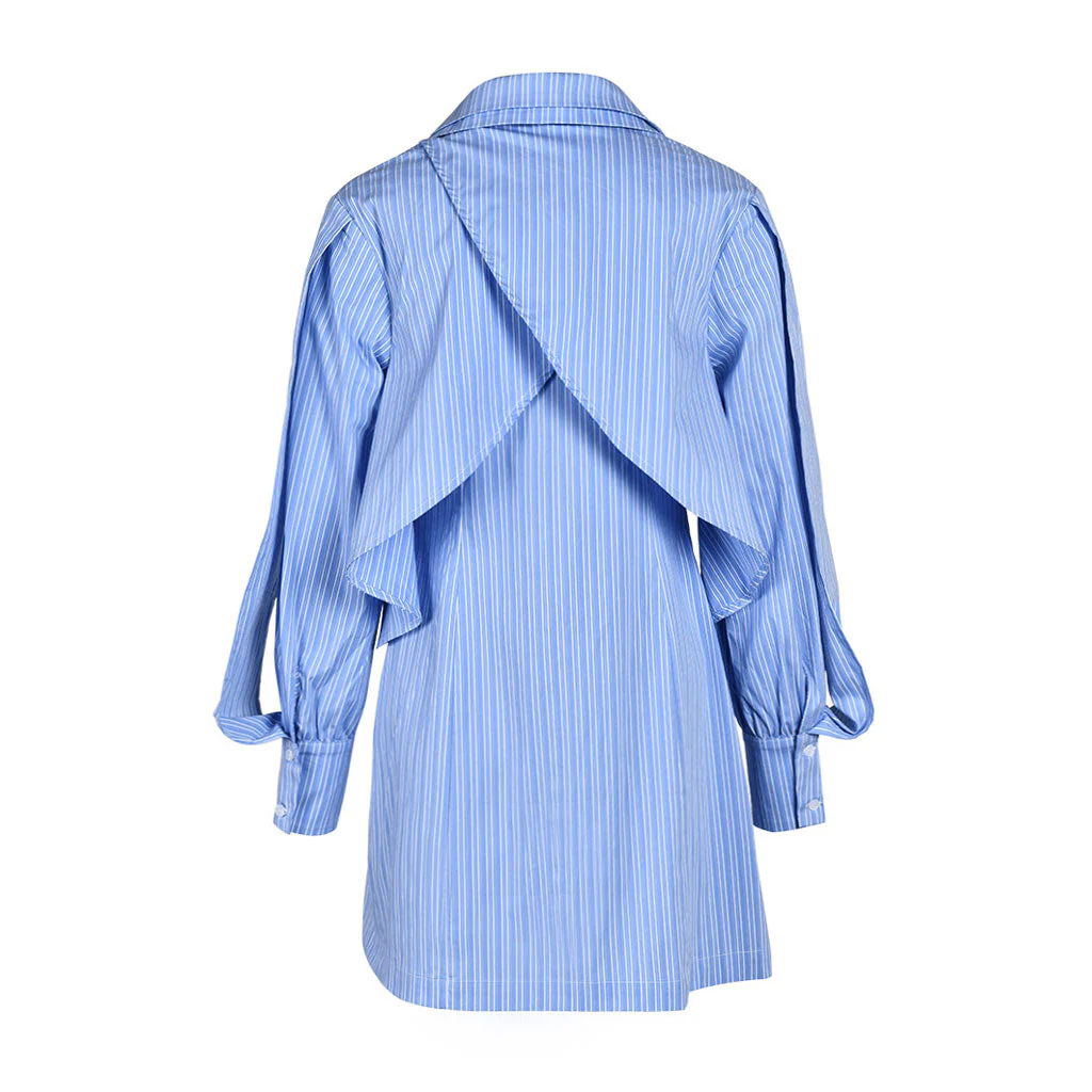Artistic Collared Long Sleeve Button Up Split Deconstructed Layered Striped Shirt - Image 3