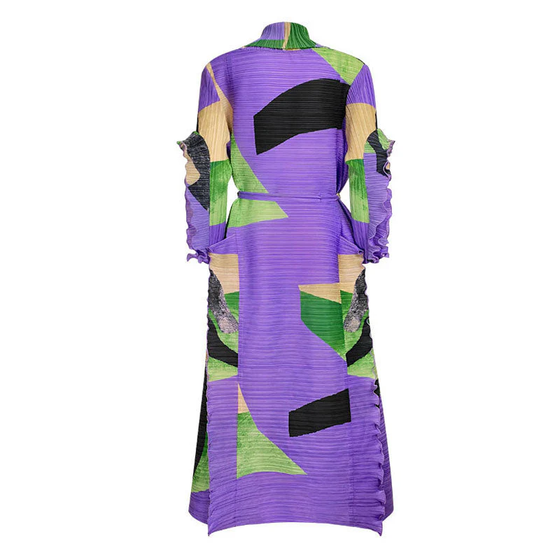 Artistic Color Block V Neck Ruffled Sleeve Self Tie Belted Pleated Midi Dress - Image 2