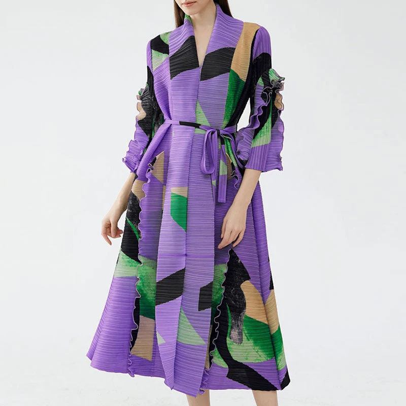 Artistic Color Block V Neck Ruffled Sleeve Self Tie Belted Pleated Midi Dress - Image 4