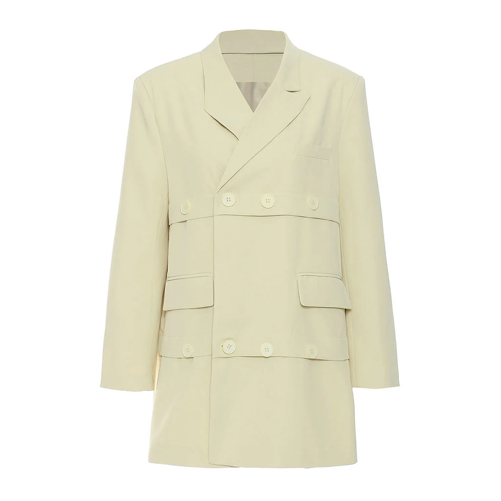 Artistic Notch Lapel Button Deco Longline Layered Oversized Blazer - Image 3