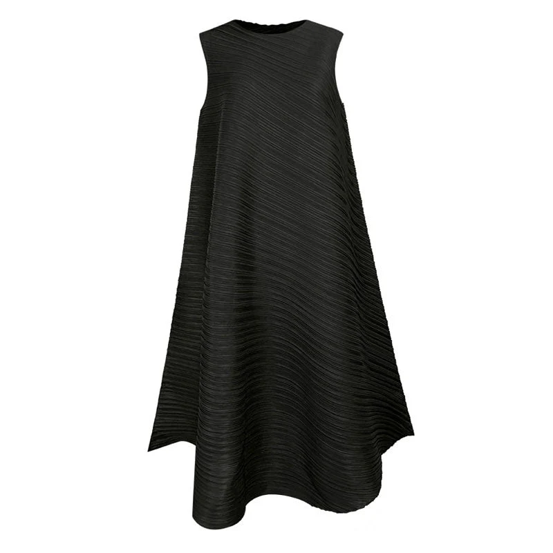 Artistic Round Neck A Line Sleeveless Asymmetrical Pleated Midi Dress - Image 2