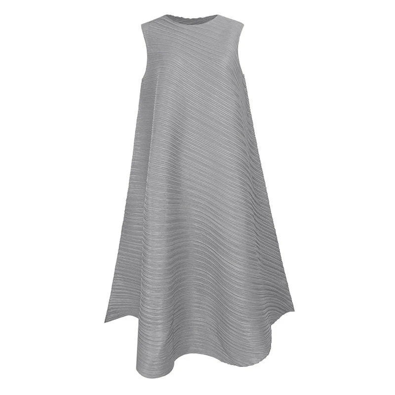Artistic Round Neck A Line Sleeveless Asymmetrical Pleated Midi Dress - Image 3