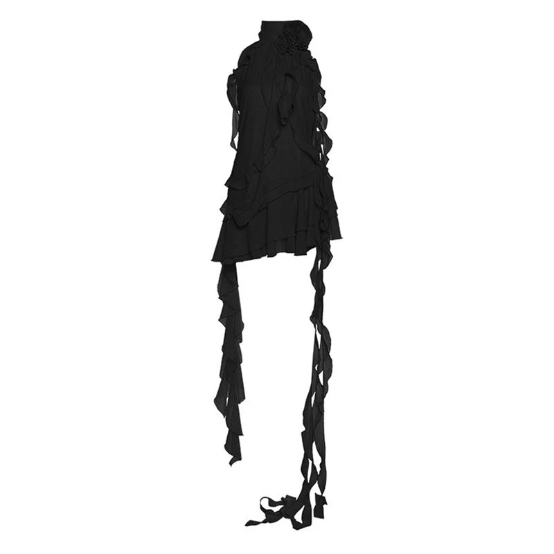 Asymmetric 3D Rosette Detail Halter Neck Ruffle Sleeveless Mini Tiered Dress - Image 2