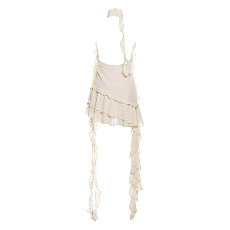 Asymmetric 3D Rosette Detail Halter Neck Ruffle Sleeveless Mini Tiered Dress - Image 3