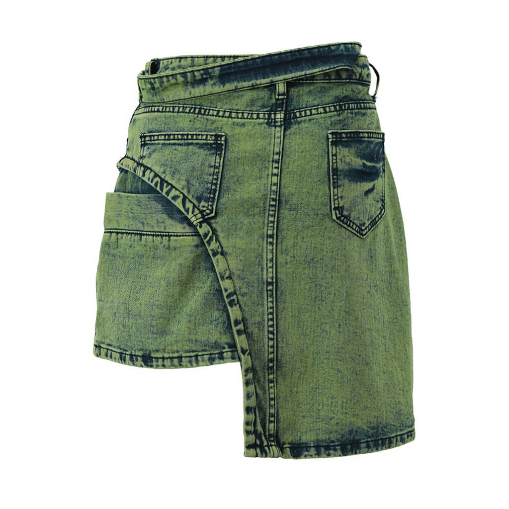 Asymmetric Belted Acid Wash High Waist Mini Denim Skirt - Image 3