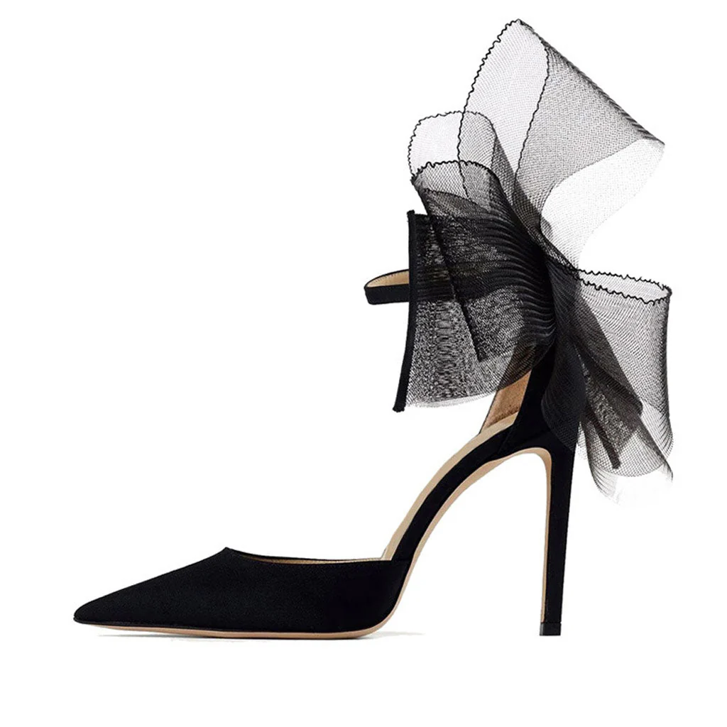Asymmetric Bow Detail Pointed Toe Ankle Strap Stiletto Pumps - Black - Image 3