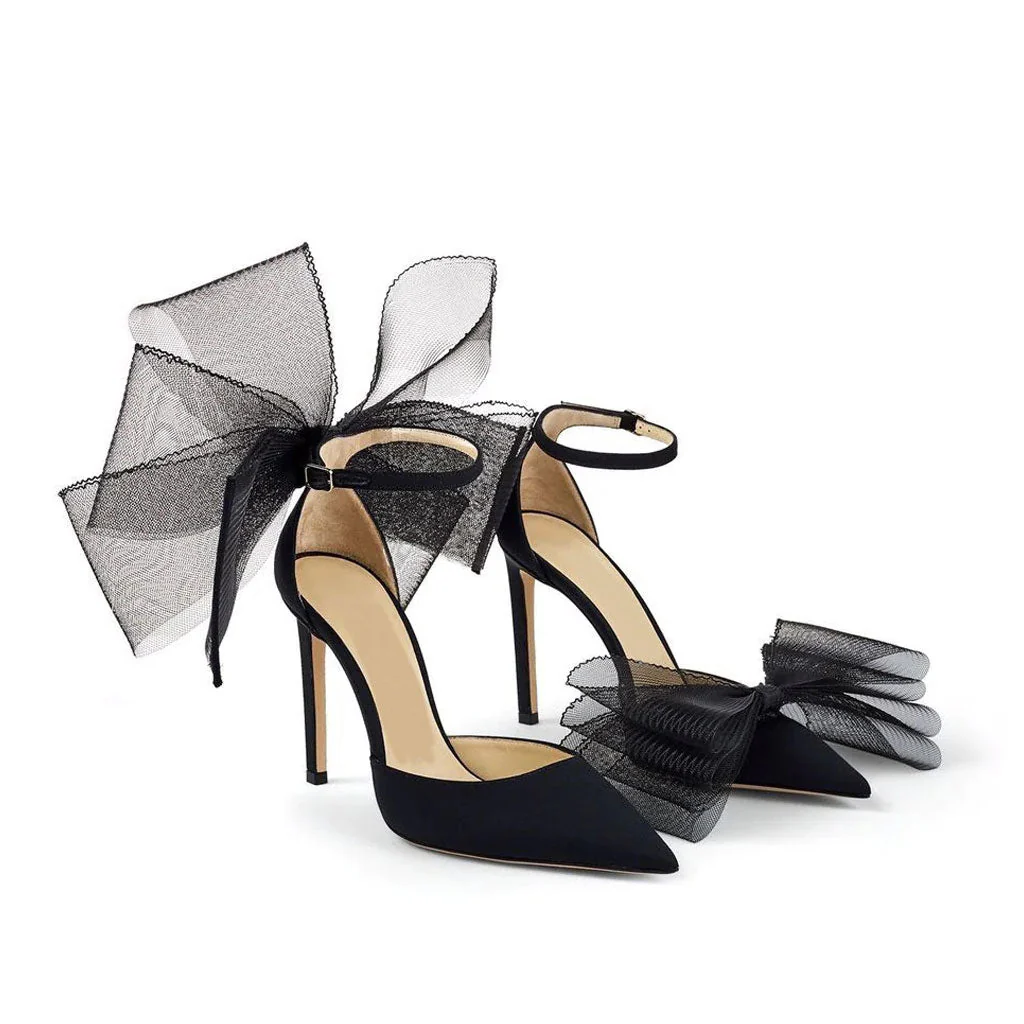 Asymmetric Bow Detail Pointed Toe Ankle Strap Stiletto Pumps - Black - Image 4