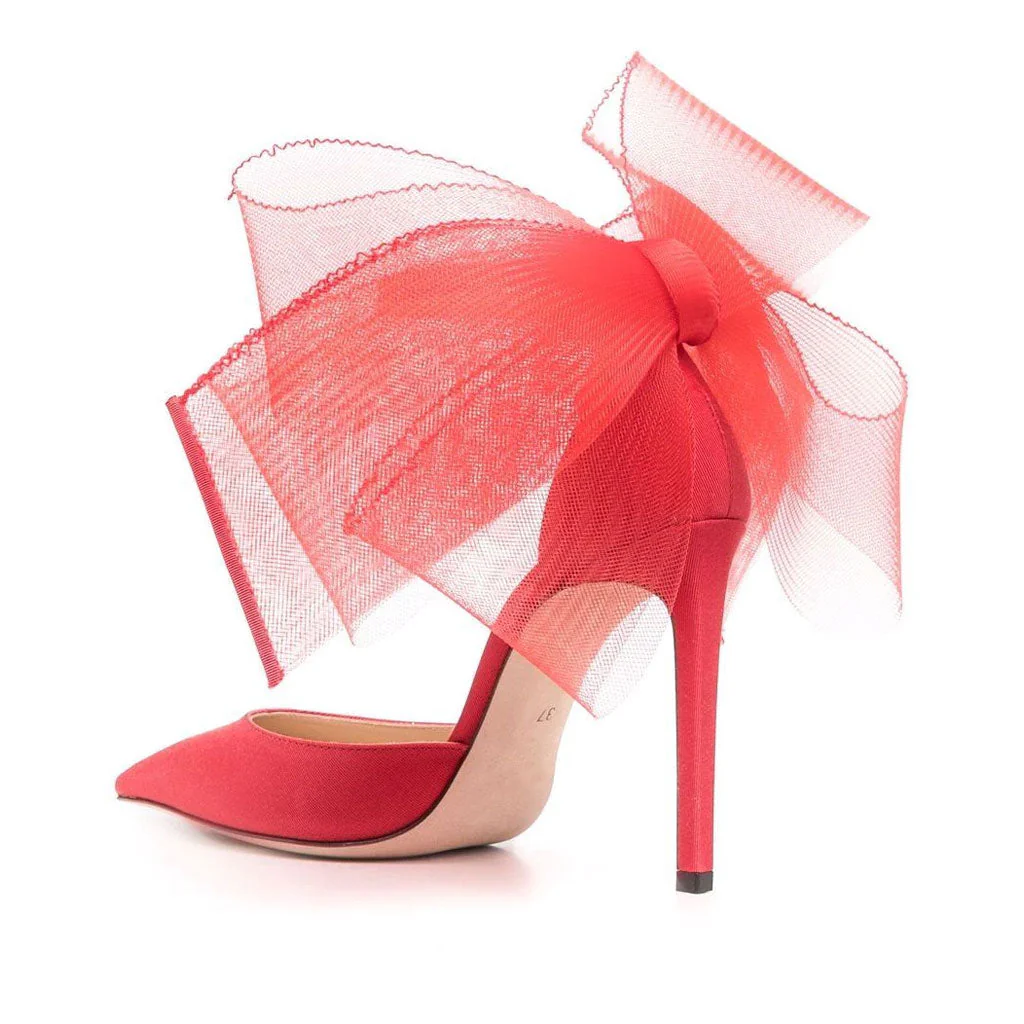 Asymmetric Bow Detail Pointed Toe Ankle Strap Stiletto Pumps - Red - Image 2