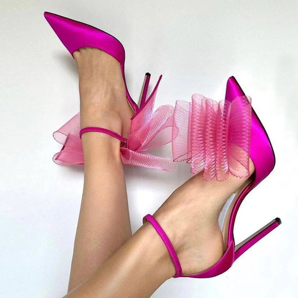Asymmetric Bow Detail Pointed Toe Ankle Strap Stiletto Pumps - Fuchsia - Image 2