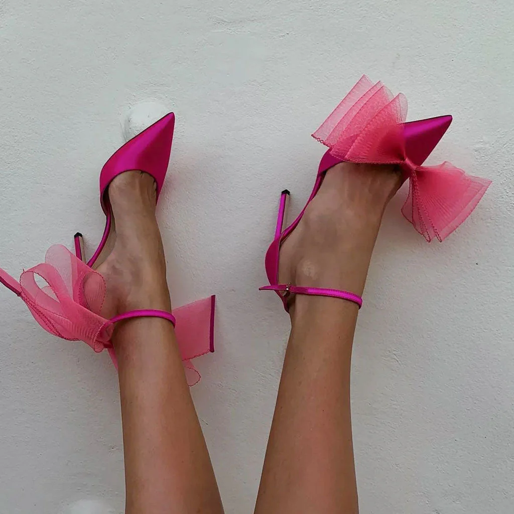 Asymmetric Bow Detail Pointed Toe Ankle Strap Stiletto Pumps - Fuchsia - Image 3