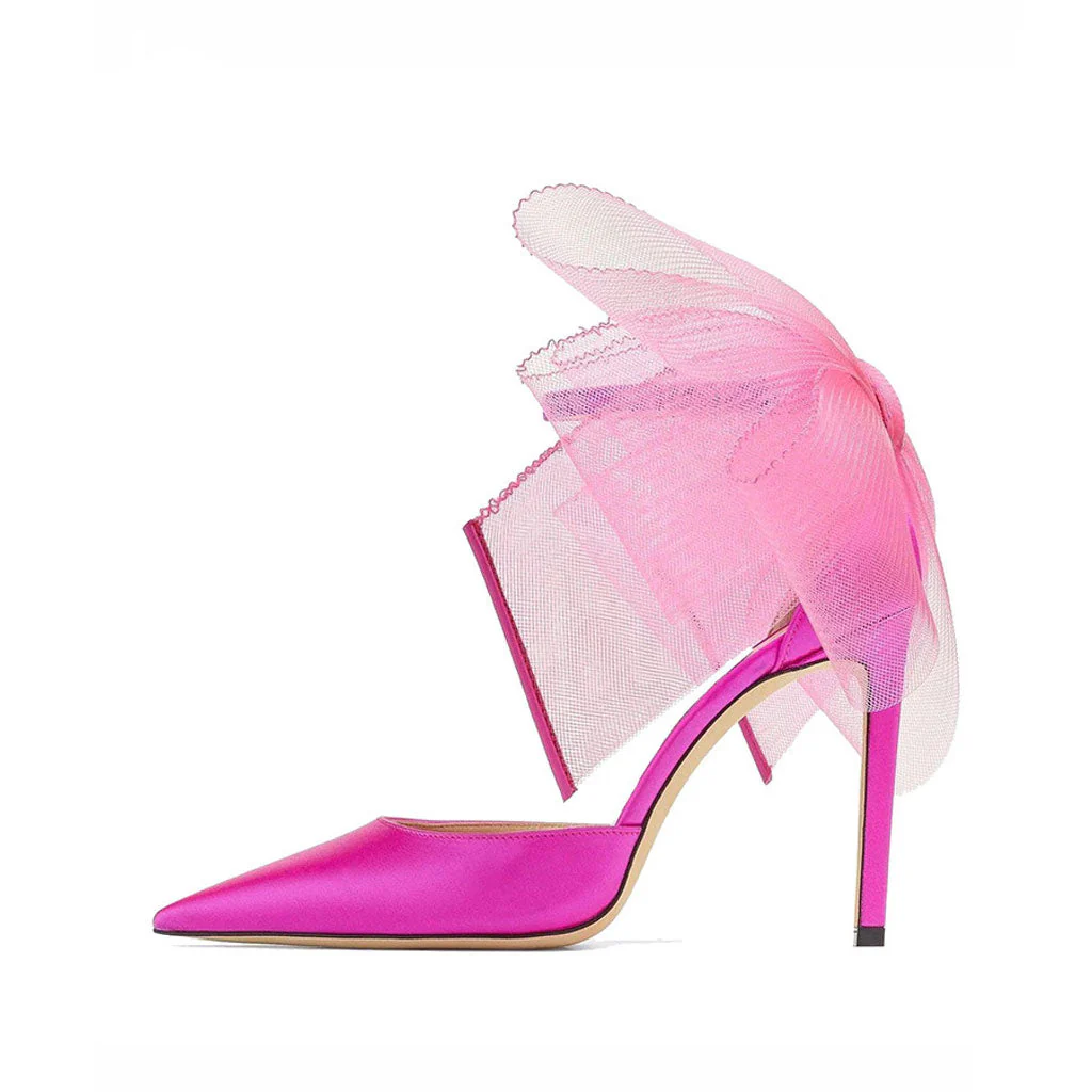 Asymmetric Bow Detail Pointed Toe Ankle Strap Stiletto Pumps - Fuchsia - Image 5