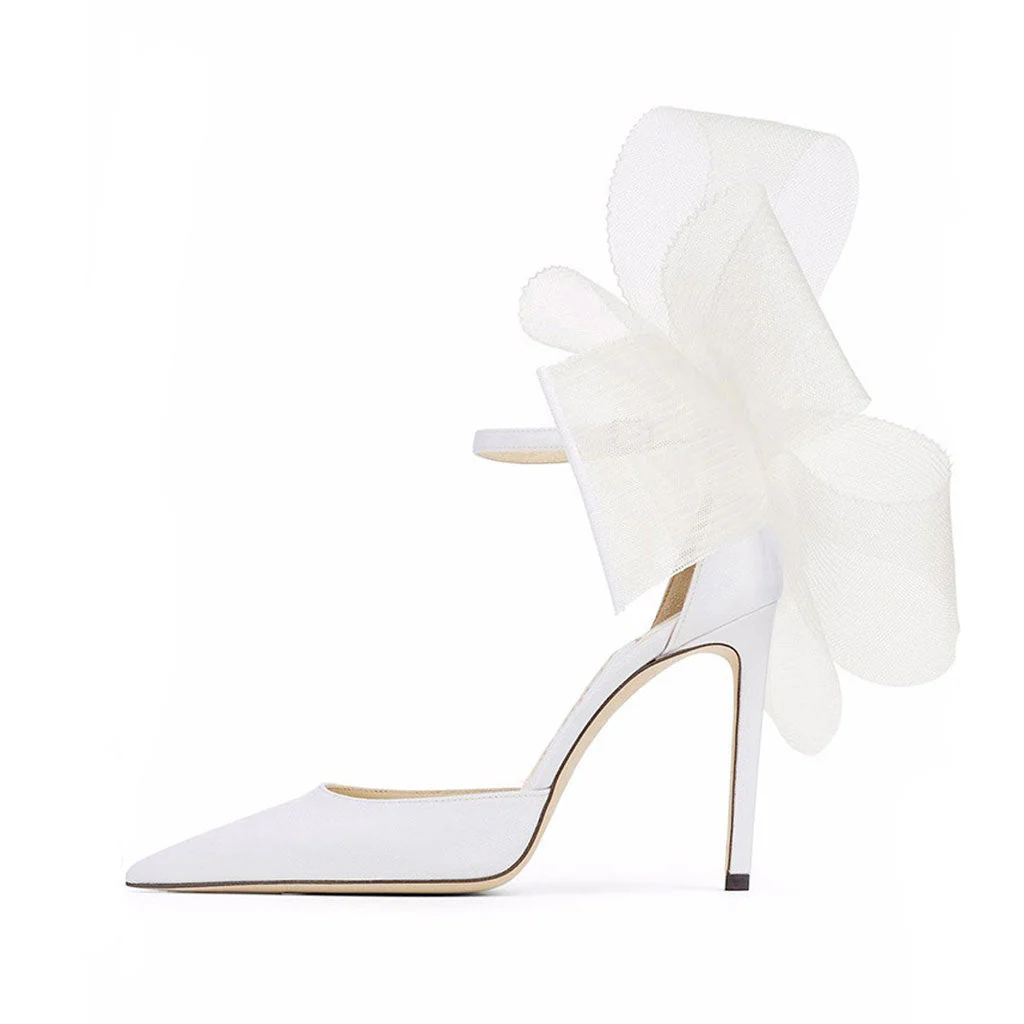 Asymmetric Bow Detail Pointed Toe Ankle Strap Stiletto Pumps - White - Image 3