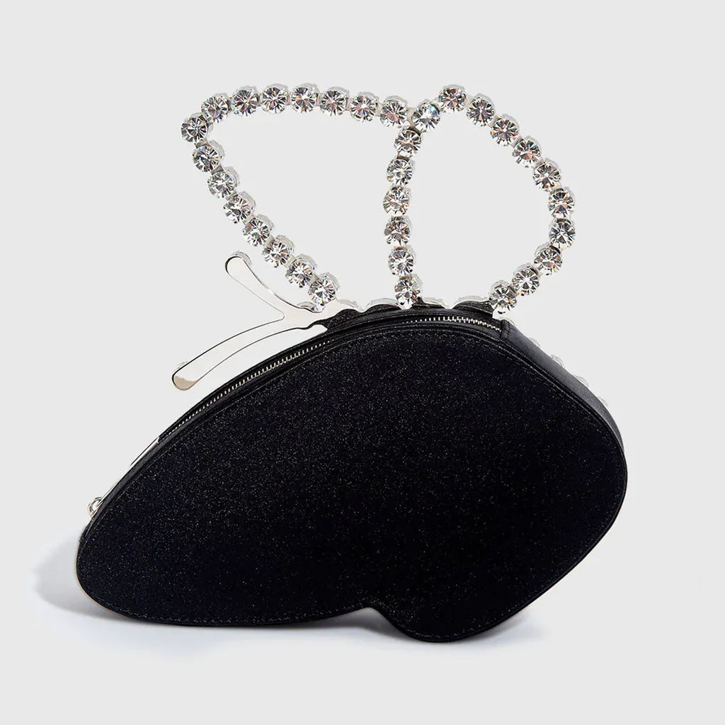Asymmetric Butterfly Rhinestone Embellished Satin Clutch Bag - Black - Image 2
