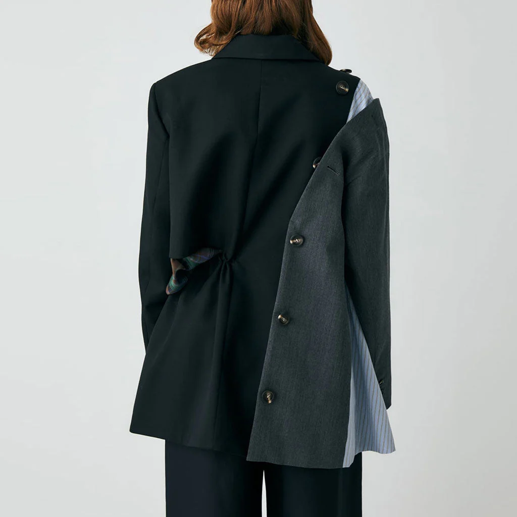 Asymmetric Button Detail Drawstring Waist Deconstructed Hybrid Blazer - Black - Image 3