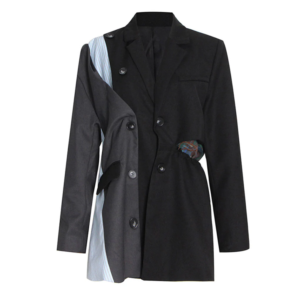 Asymmetric Button Detail Drawstring Waist Deconstructed Hybrid Blazer - Black - Image 4