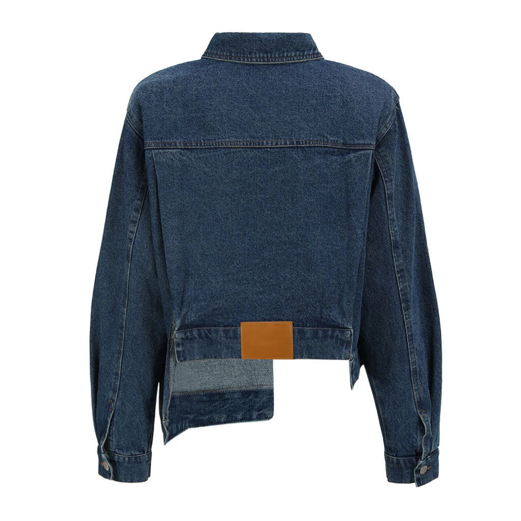 Asymmetric Button Down Folded Collar Long Sleeve Denim Jacket - Image 3