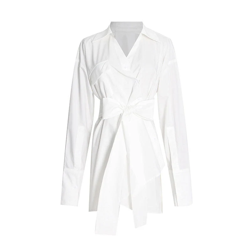 Asymmetric Collared Patch Pocket Button Up Belted Long Sleeve Shirt - White - Image 4