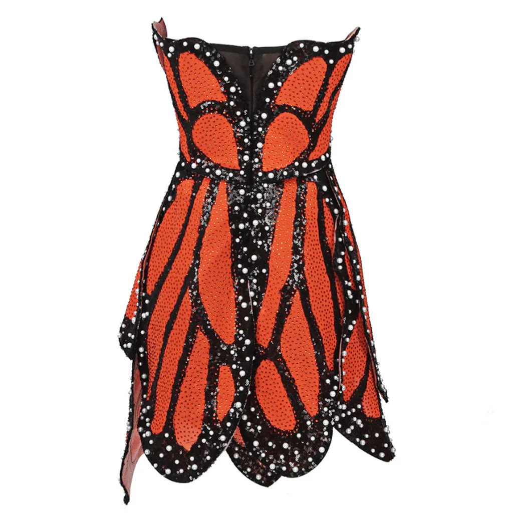 Asymmetric Colorblock Faux Pearl Detail Studded Strapless Mini Party Dress - Image 4
