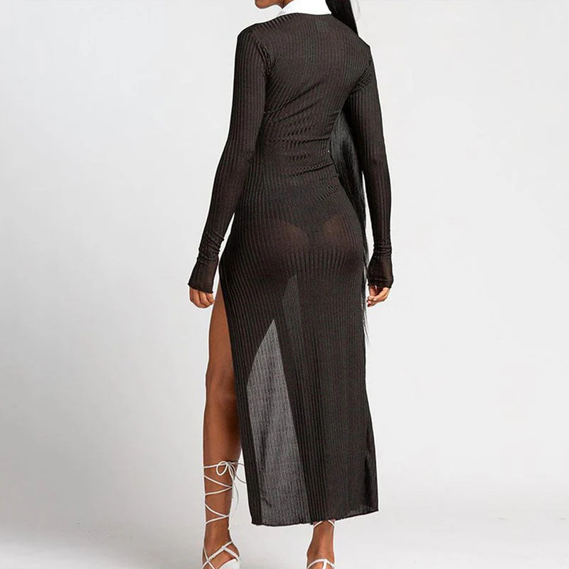 Asymmetric Contrast Button Up High Split Sheer Ribbed Knit Maxi Dress - Black - Image 2