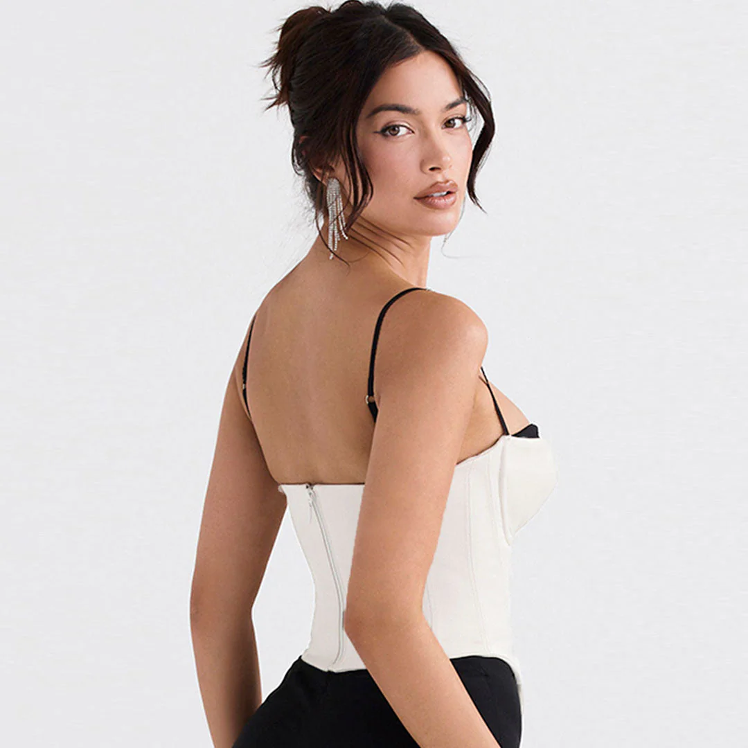 Asymmetric Contrast Sweetheart Satin Sleeveless Corset Crop Top - White - Image 3