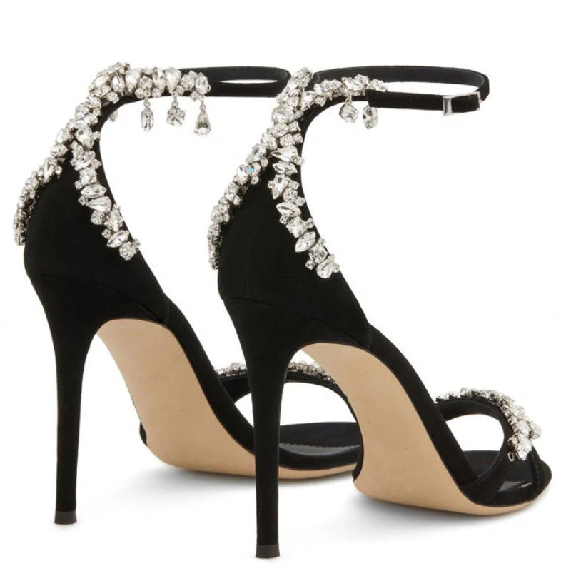 Asymmetric Crystal Embellished Suede Round Toe Stiletto Sandals - Black - Image 4
