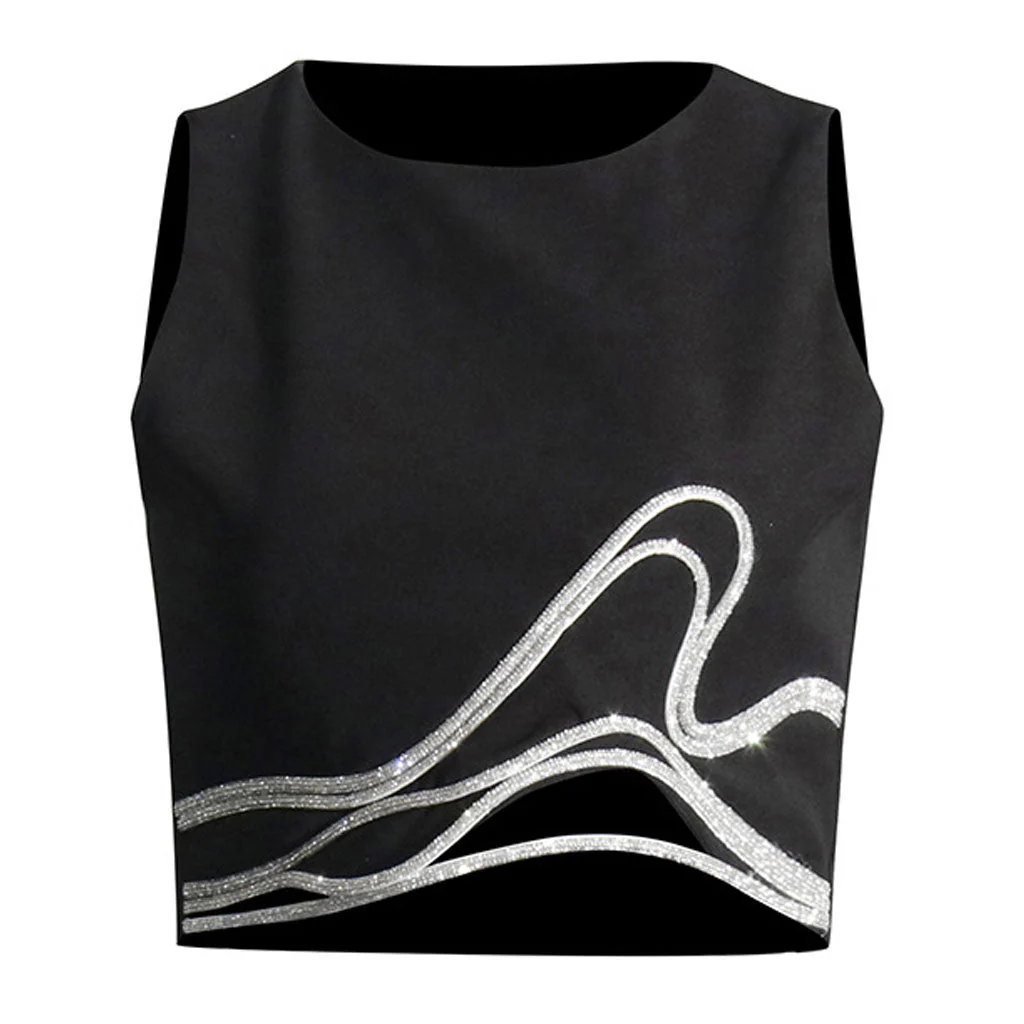 Asymmetric Cut Out Crystal Trim Sleeveless Round Neck Crop Tank Top - Image 2