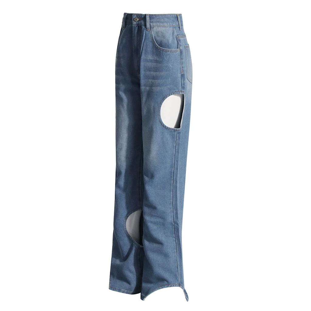 Asymmetric Cut Out Whisker High Waist Straight Leg Washed Denim Jeans - Image 2
