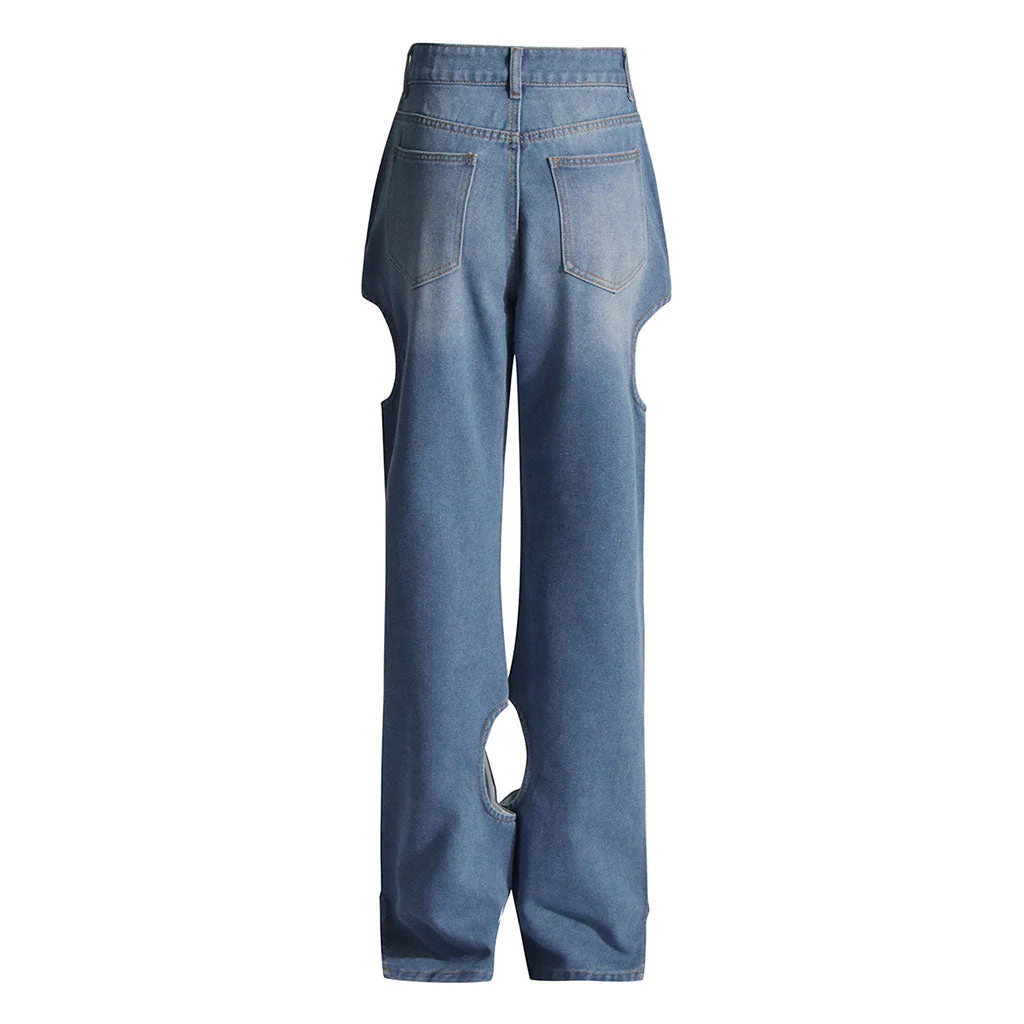 Asymmetric Cut Out Whisker High Waist Straight Leg Washed Denim Jeans - Image 3